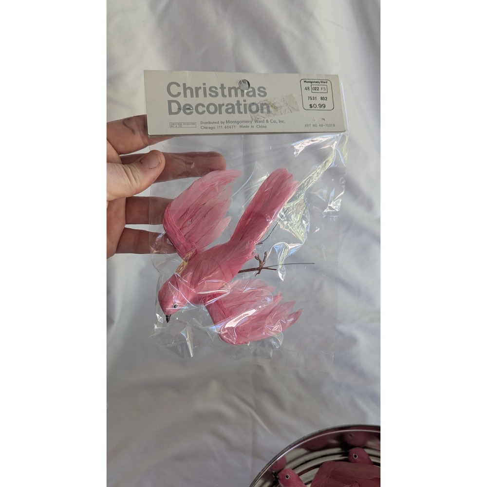 Vintage Montgomery Ward Pink Feather Bird Ornaments in Cookie Tin